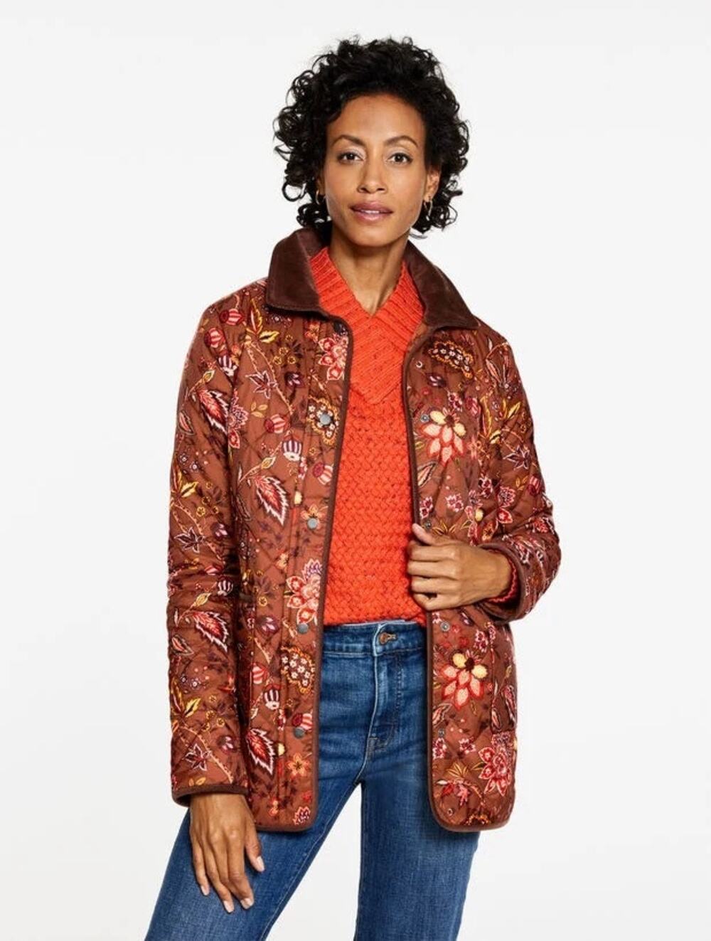 Talbots Quilted Barn Jacket Blooming Jacobean Brown Floral Fall 1X